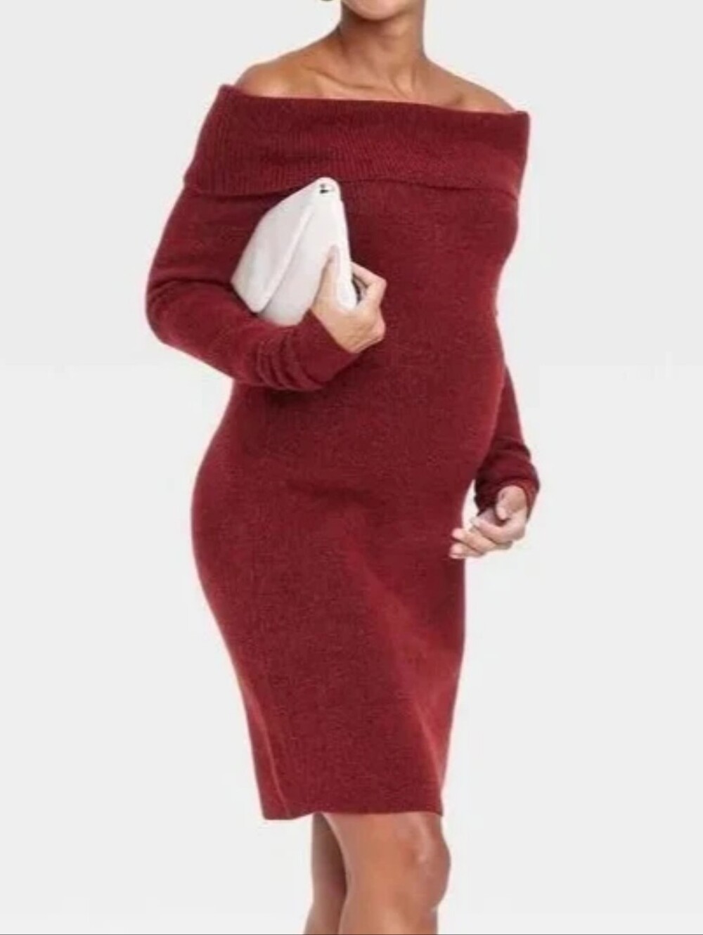 Isabel Maternity Off Shoulder Sweater Dress Burgundy Wine Red L NWT